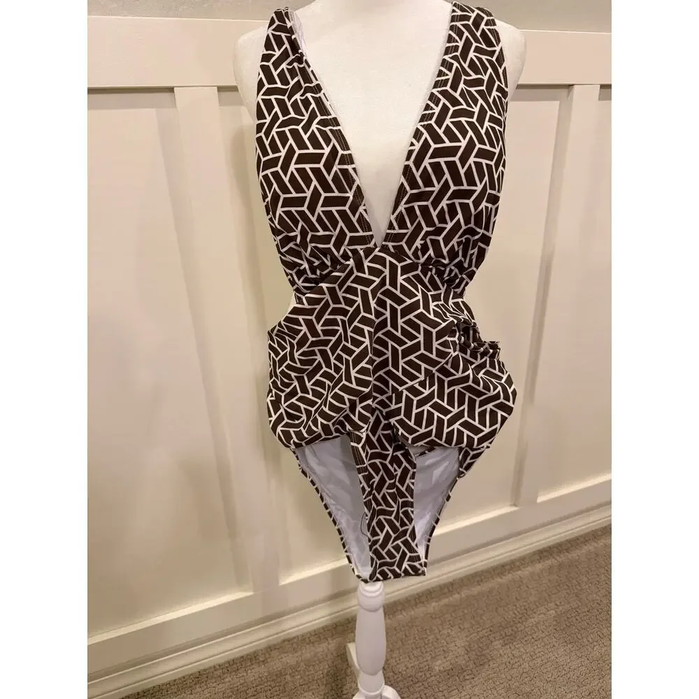 CUPSHE Brown White Geometric Plunge One Piece Swimsuit NWT Large